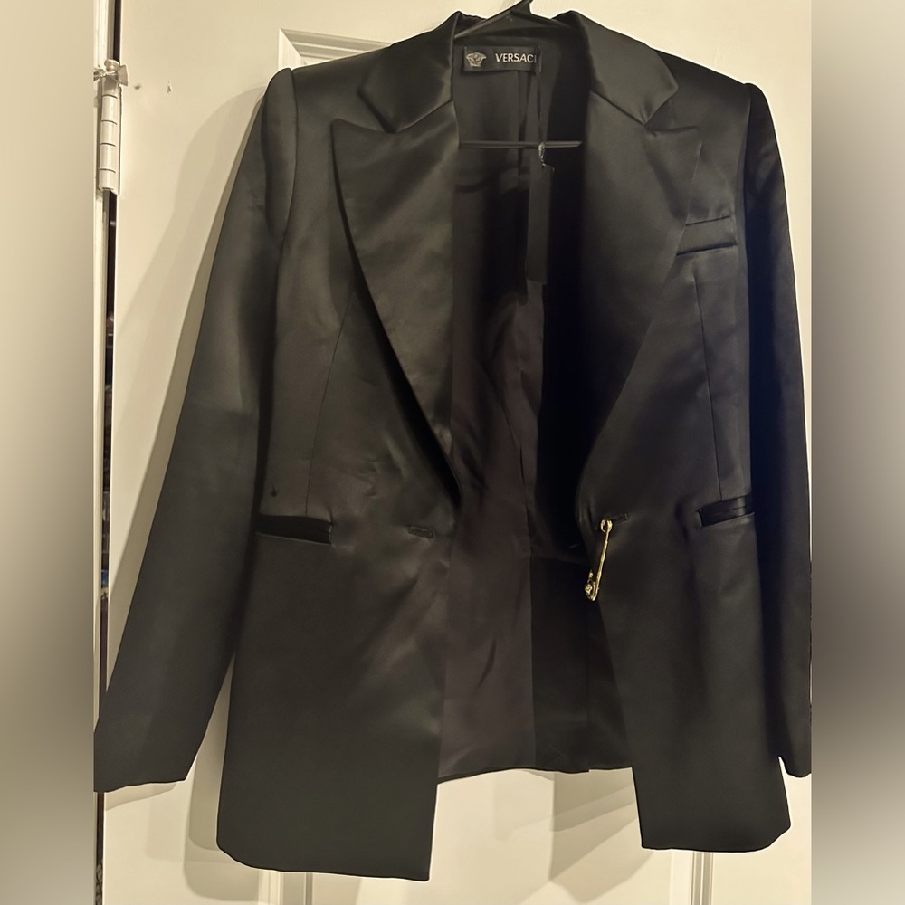 Black Versace satin Blazer with gold safety pin.